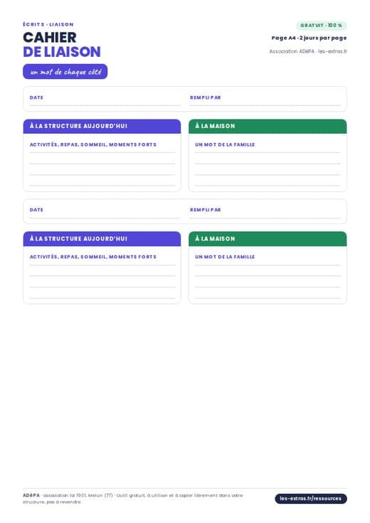 Aperçu : Page de cahier de liaison